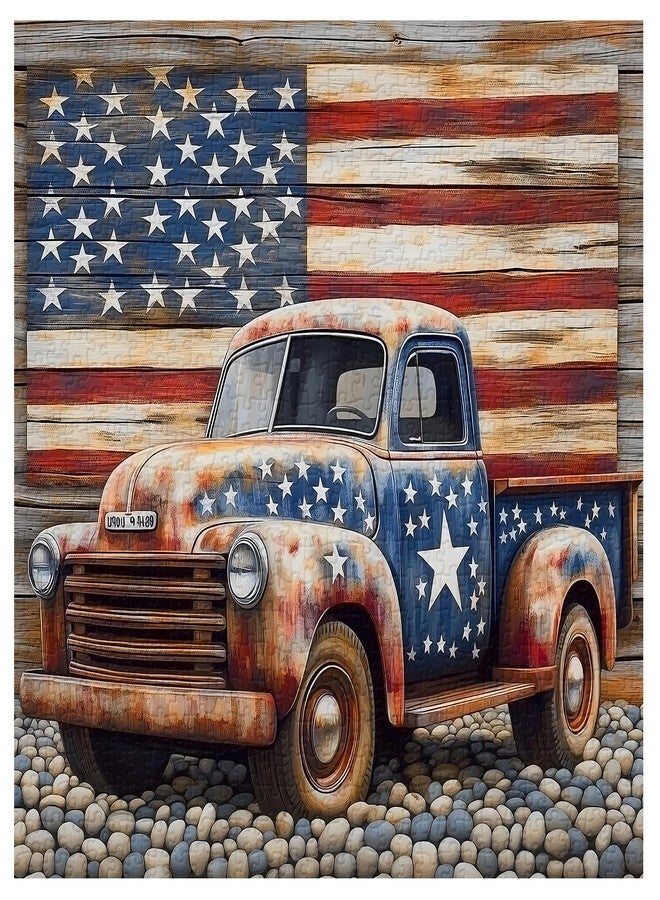 PPuzzling American Truck Puzzles for Adults 1000 Pieces, Vintage USA Flag Jigsaw Puzzles, Retro Patriotic Challenging Puzzle - Image 1